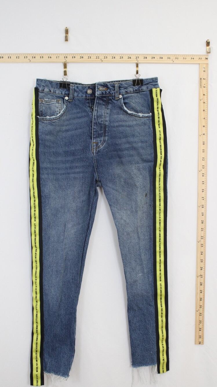 Zara Man Men's 30 Slim Jeans Blue Denim Side Stripe Graphic Tape Raw Hem